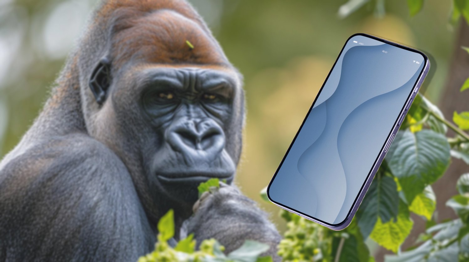 Стекло на телефоне на фоне гориллы